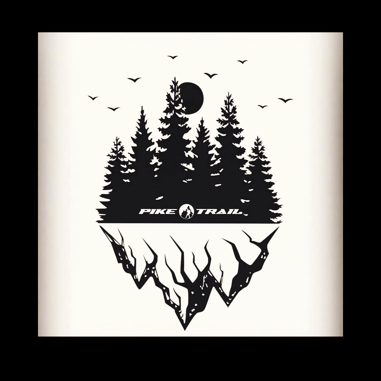 Black and white illustration of pine trees, birds, and sun above a jagged landmass, with Pike Trail Carbon Fiber Trekking Poles shown beside the trees. Pike Trail text appears below.