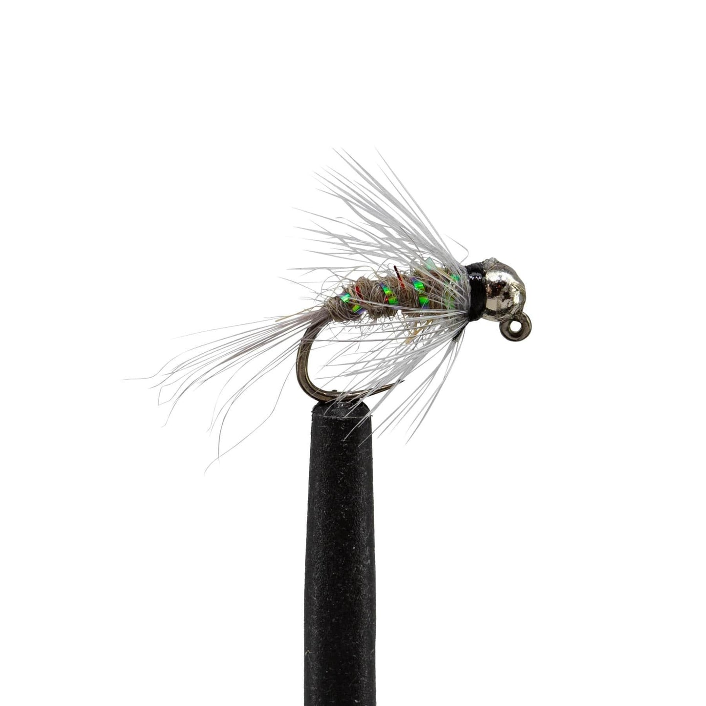 A close-up of a Jackson Hole Fly Company JHFLYCO Snake River Guides Choice Fly Box fly—silver bead head, iridescent body, gray feathery hackle—mounted on a black hook and holder against a white background, curated for Cutthroat Country.