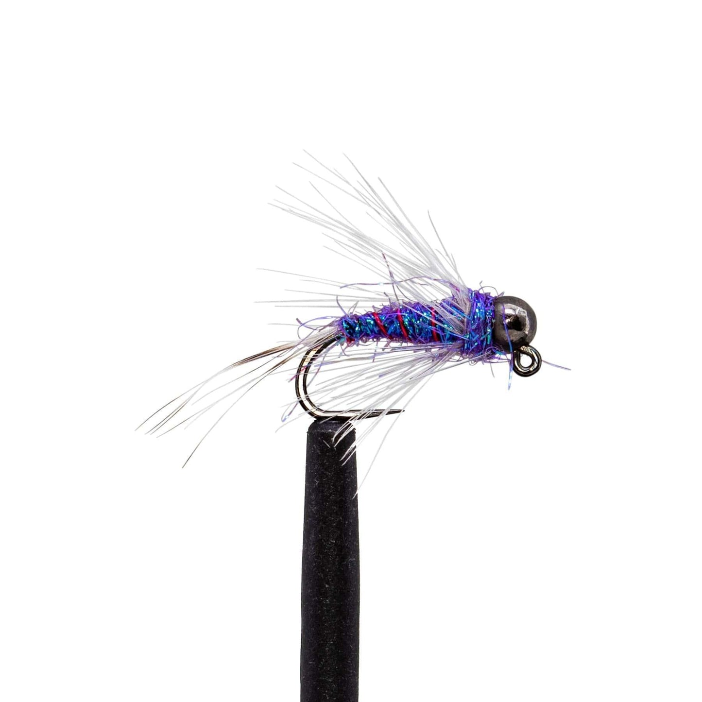 A close-up of a colorful fishing fly from the Jackson Hole Fly Company JHFLYCO Snake River Guides Choice Fly Box, showing a metallic bead head, blue and purple body, white feather fibers, and a black hook on a white background.