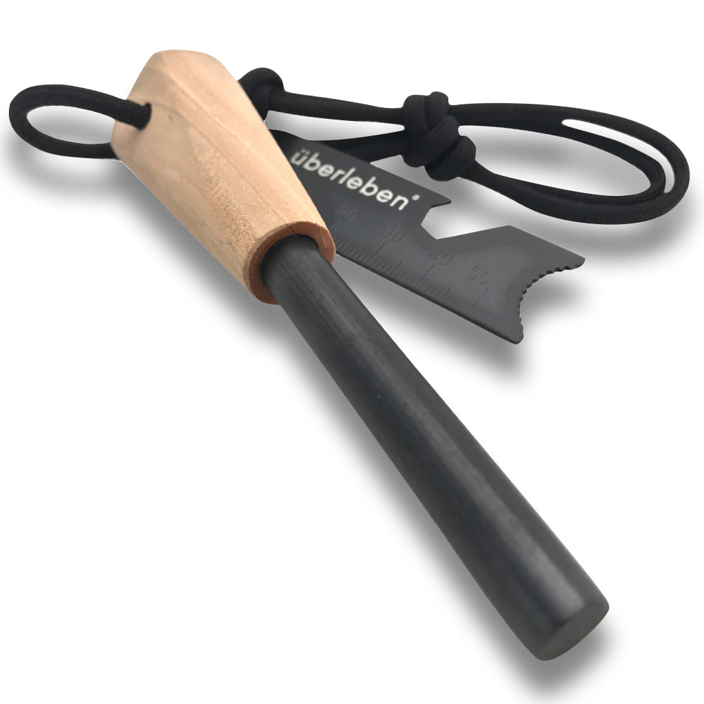 The Überleben Zünden Original Bushcraft Fire Starter by Überleben features a black ferrocerium rod with a wooden handle, black lanyard, and a flat metal überleben-marked striker—all essential for survival.