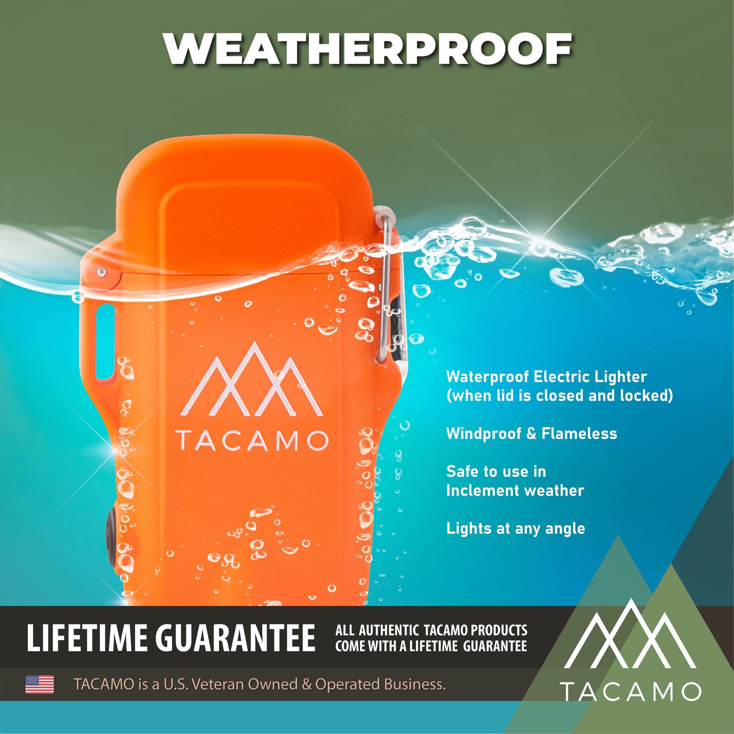 An orange TITAN Survival TACAMO H2 Rechargeable Dual-Head Electric Arc Lighter is partially submerged in water, highlighting its waterproof, windproof, and flameless design, plus a lifetime guarantee.