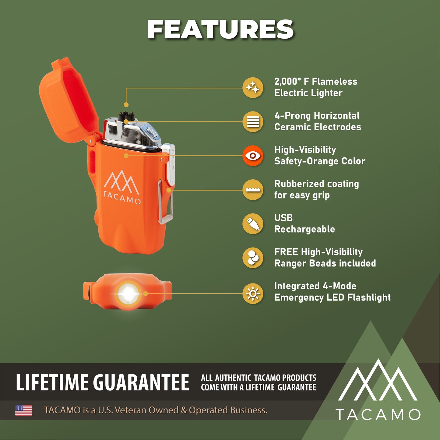The TITAN Survival TACAMO H2 is a safety-orange, rubber-coated, USB-rechargeable dual-head electric arc lighter with ranger beads and an emergency LED flashlight. Backed by a lifetime guarantee.