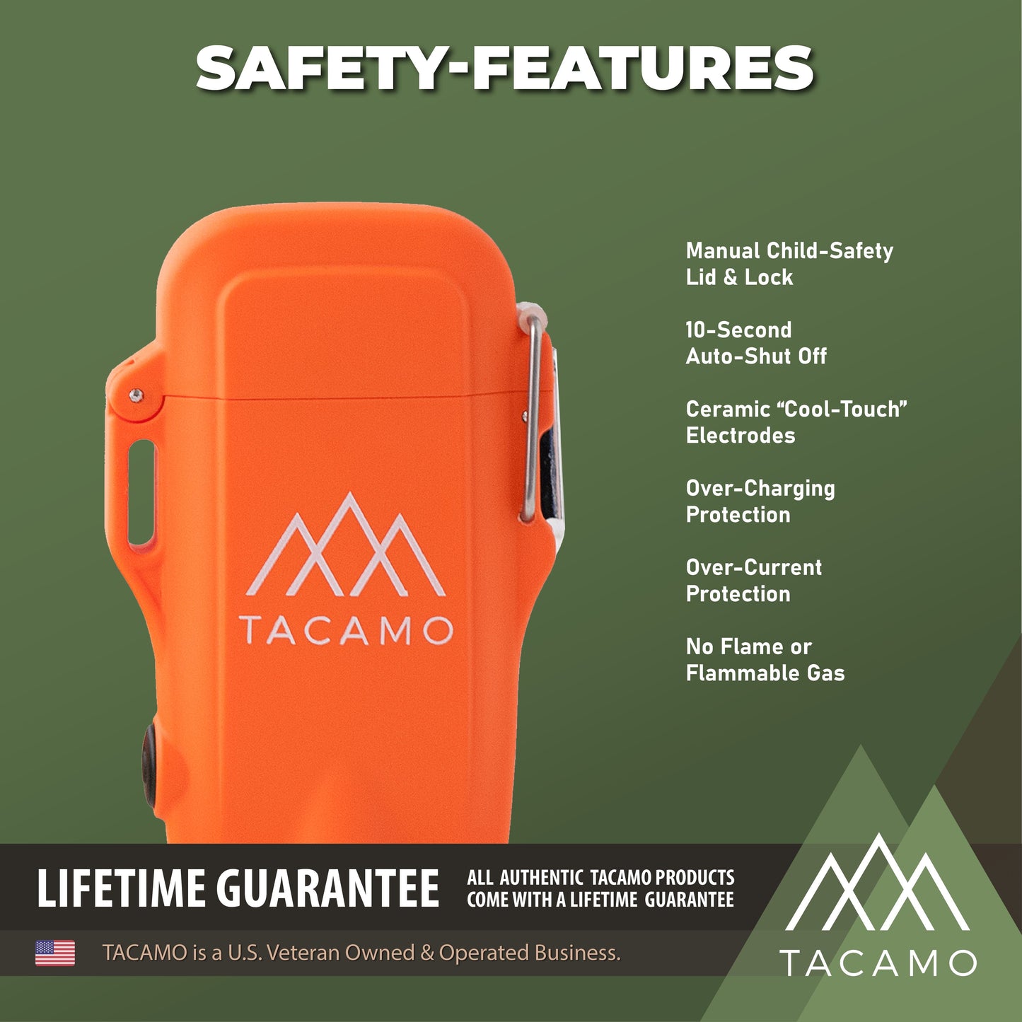 The TITAN Survival TACAMO H2 Rechargeable Dual-Head Electric Arc Lighter in orange features a child-safety lid, auto-shut off, ceramic cool-touch electrodes, over-charge and over-current protection, and uses no flammable gas.
