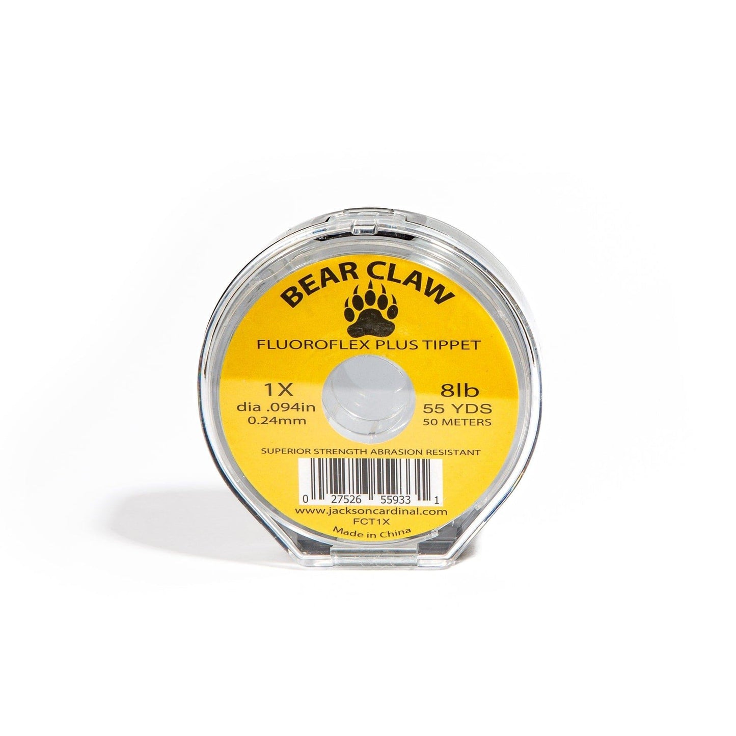 A spool of Bear Claw Fluoroflex Plus Tippet (8lb, 0.24mm, 55yd, yellow label) in a clear case—perfect for use with the Jackson Hole Fly Company White River 7WT Streamer Rod Combo Kit – Built for Power and Precision.