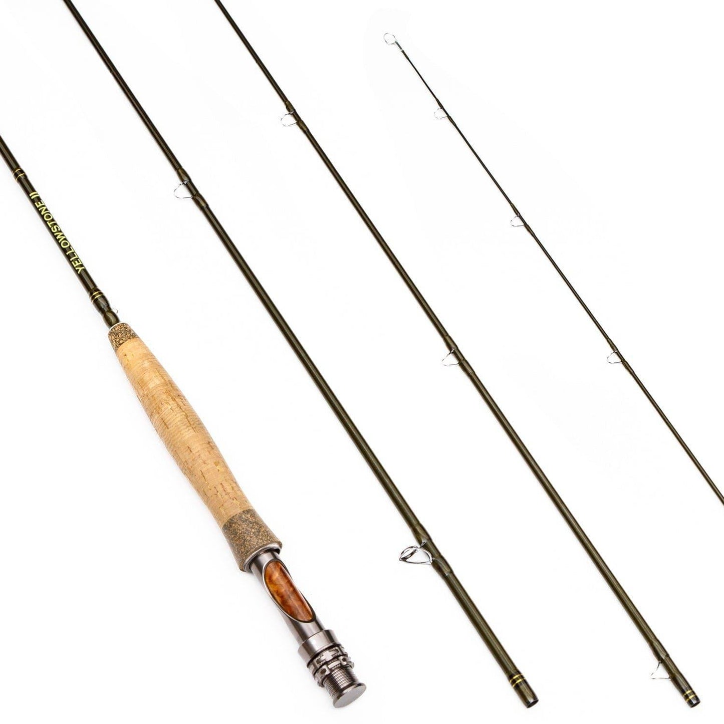 The Jackson Hole Fly Company Yellowstone II Fly Rod - 4 Piece, Fast Action (3WT–7WT, 70–90) is shown disassembled with a cork and metal handle on a white background.
