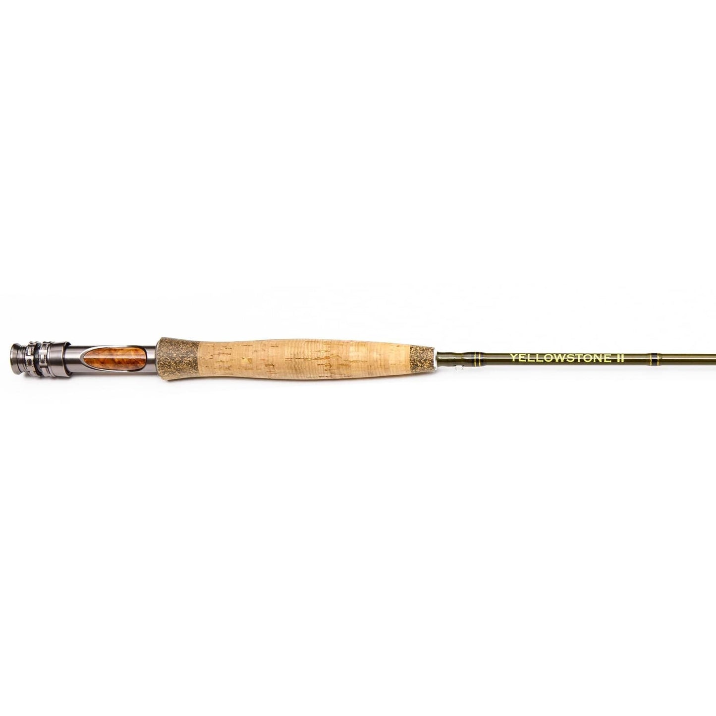 A close-up of the Jackson Hole Fly Company Yellowstone II Fly Rod – 4 Piece, Fast Action (3WT–7WT, 70–90) shows a cork grip, metal reel seat, and IM8 graphite shaft with YELLOWSTONE II printed on it against a white background.