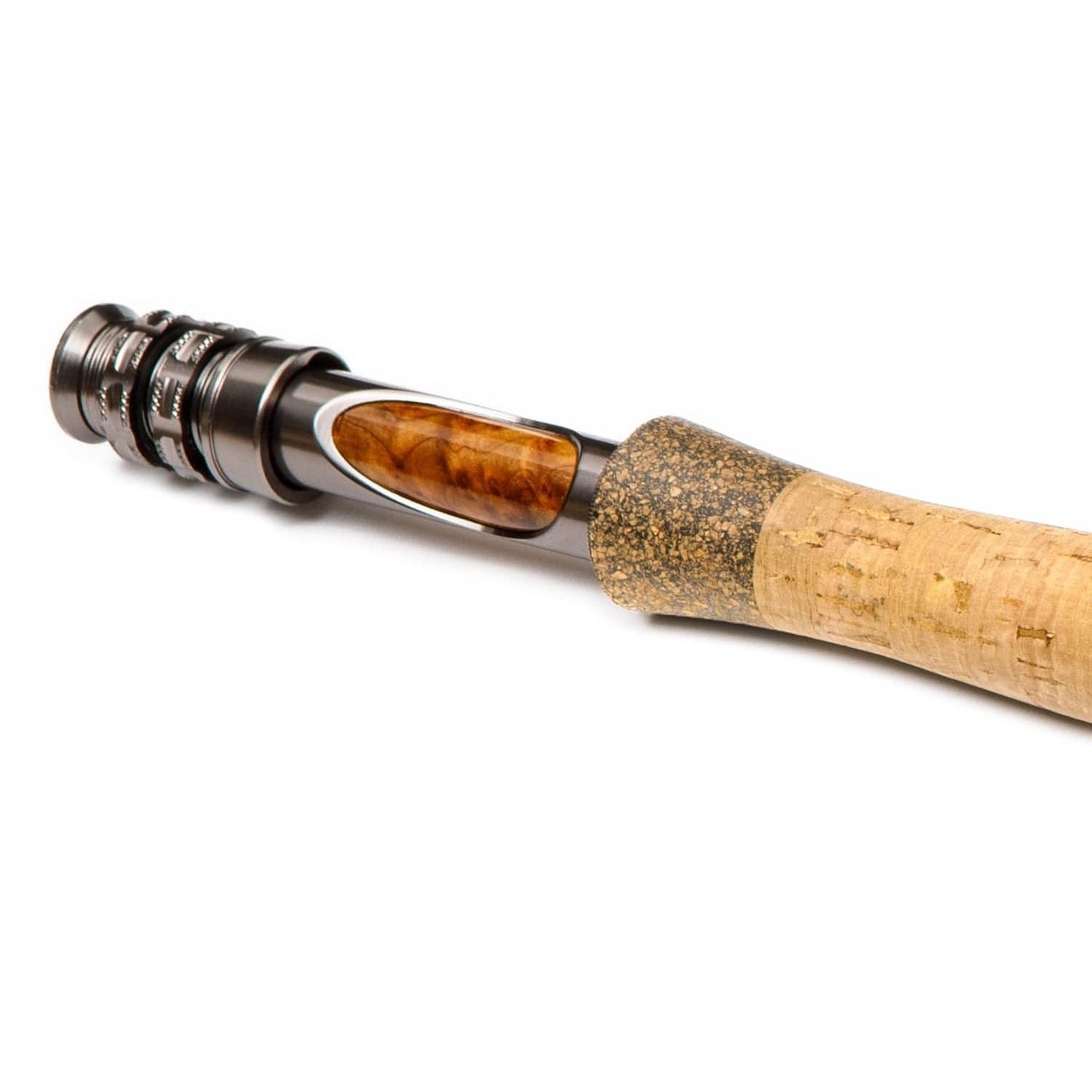 Close-up of the Jackson Hole Fly Company Yellowstone II Fly Rod handle, featuring a cork grip and detailed metal and wood reel seat, highlights the craftsmanship of this fast-action, 4-piece rod (3WT–7WT, 70–90).