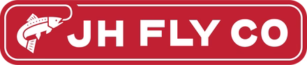 Red rectangular logo with a white outline, featuring a stylized fish on the left and bold white text reading JH FLY CO on the right.