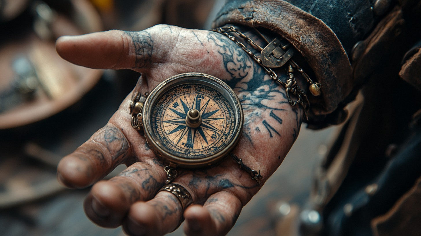 A tattooed hand wearing rings and a leather bracelet holds an old brass compass, with intricate details and a weathered appearance visible on both the hand and the compass.