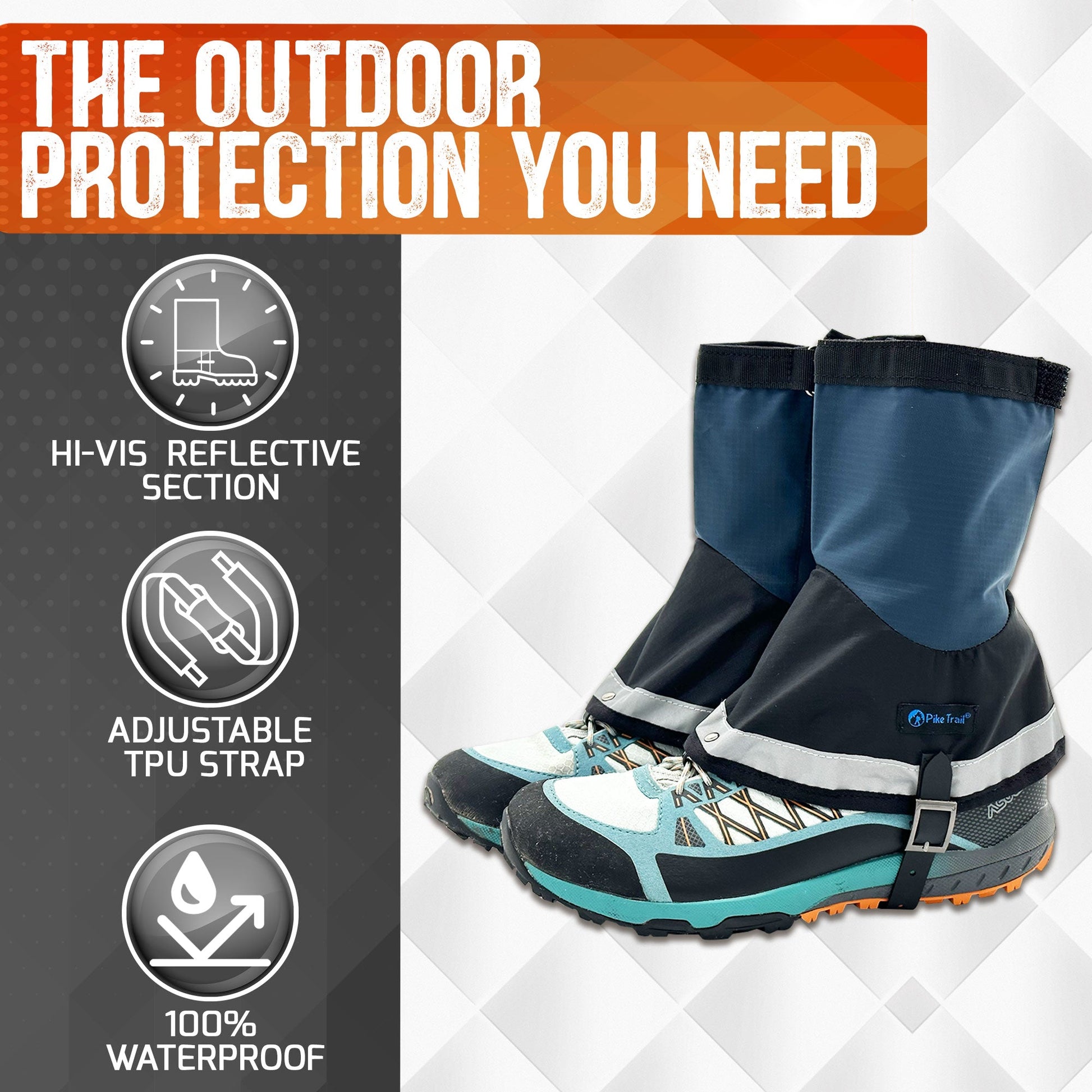 Pike Trail Mid-Length Gaiter – Small/Medium Adjustable Fit, shown in blue and black over hiking boots, with “The Outdoor Protection You Need” plus icons for hi-vis reflective strip, adjustable TPU strap, and 100% waterproof features.