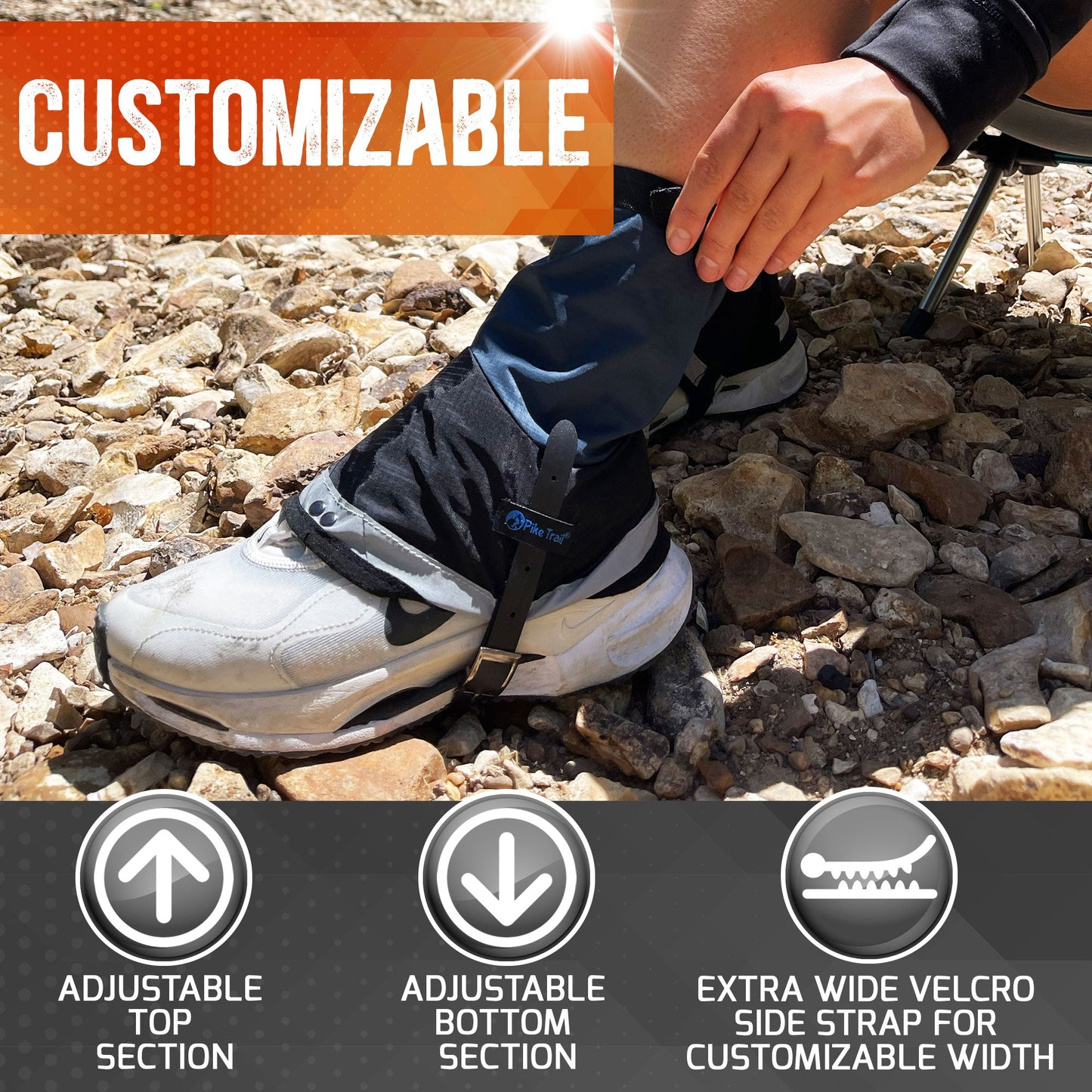 Someone adjusts a Pike Trail Mid-Length Gaiter – Small/Medium Adjustable Fit over a white sneaker on rocky ground, showing adjustable top/bottom sections and an extra wide Velcro side strap for customizable width. Brand: Pike Trail.