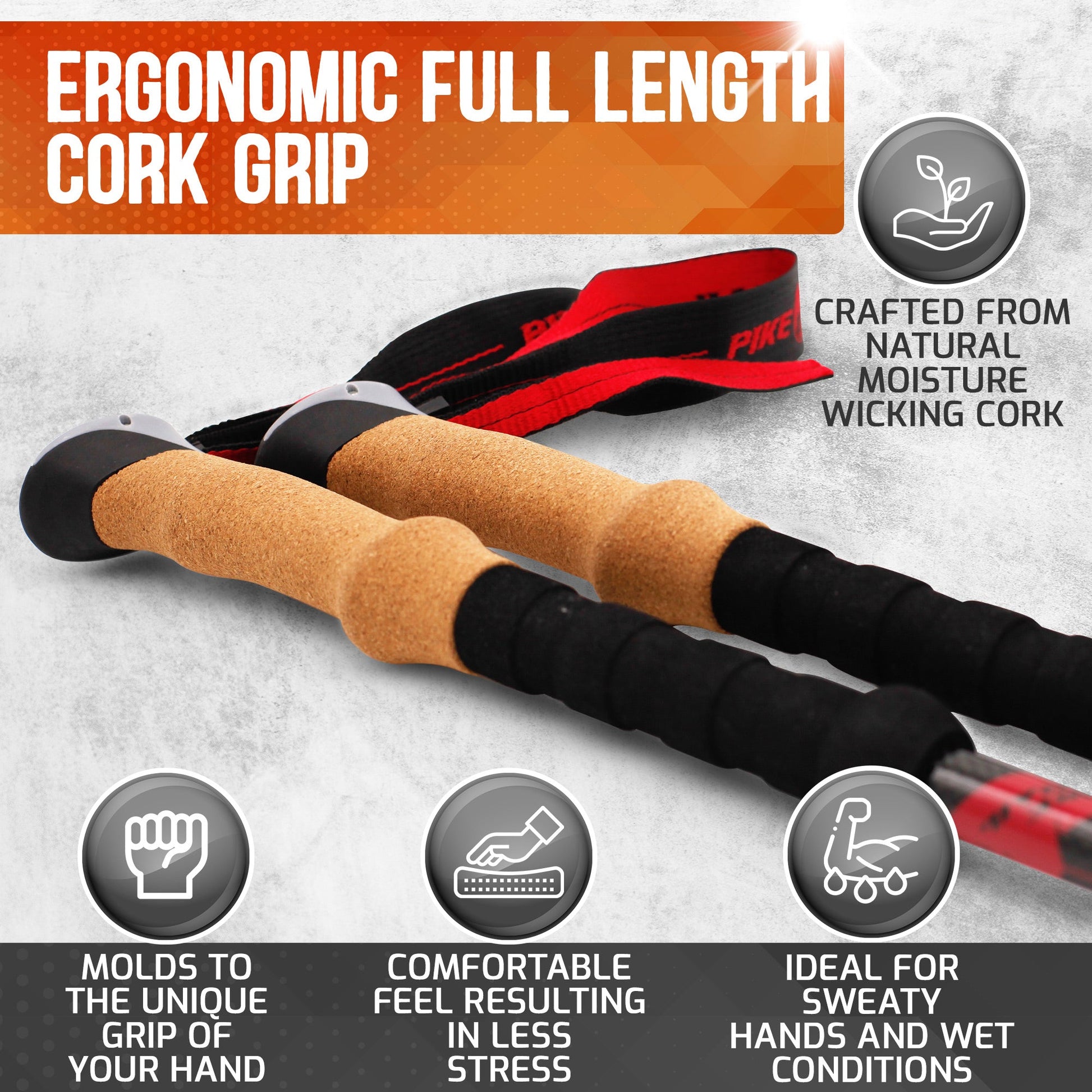 The Pike Trail Carbon Fiber Trekking Poles feature ergonomic cork grips that wick moisture, mold to your hand, and maximize comfort—ideal for hiking with sweaty or wet hands. Includes black foam support; perfect for trekking and Nordic walking.