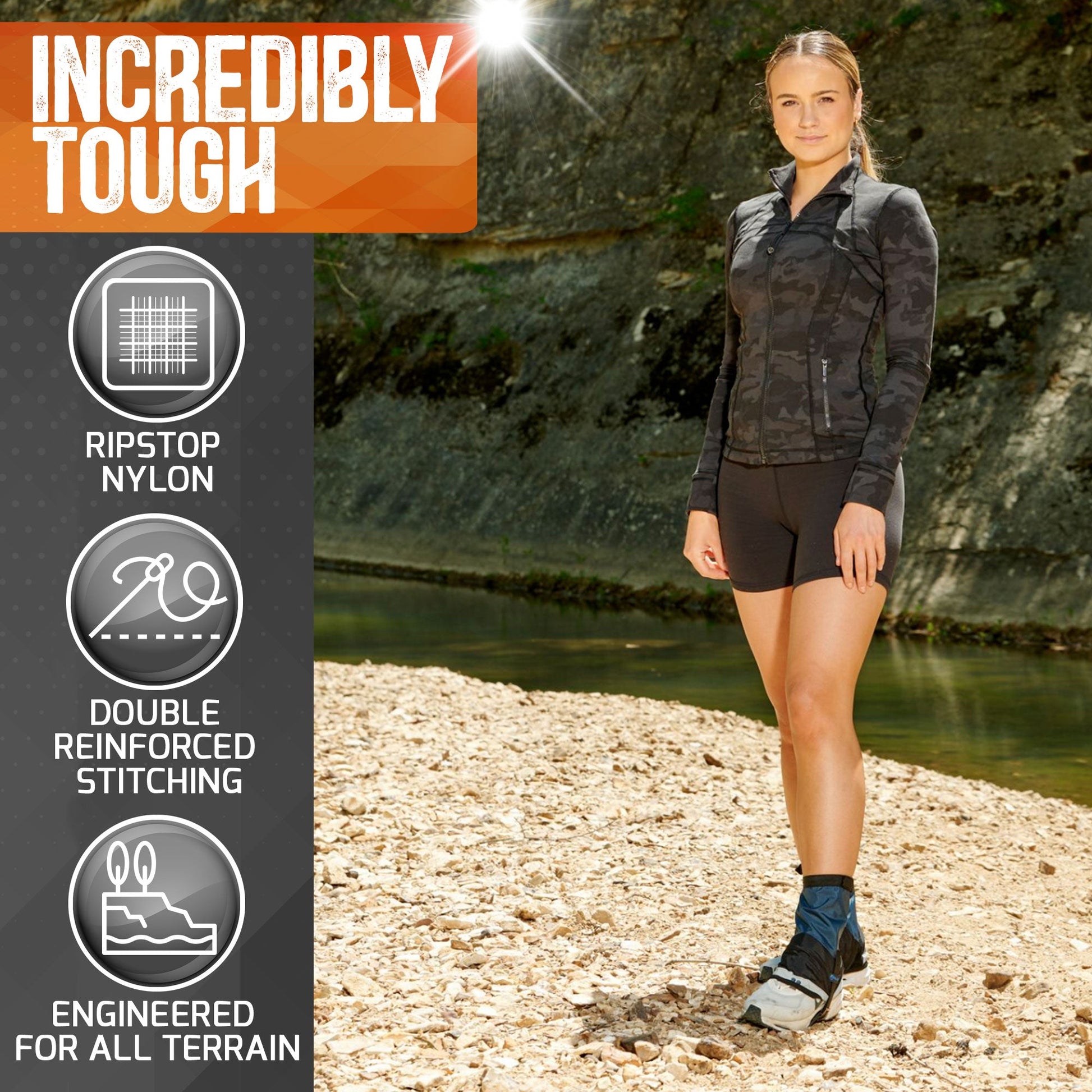 A woman in outdoor gear stands on a rocky riverbank wearing Pike Trail Mid-Length Gaiter – Small/Medium Adjustable Fit. Text reads Incredibly Tough with icons for Ripstop Nylon, Double Reinforced Stitching, and All Terrain Engineering.
