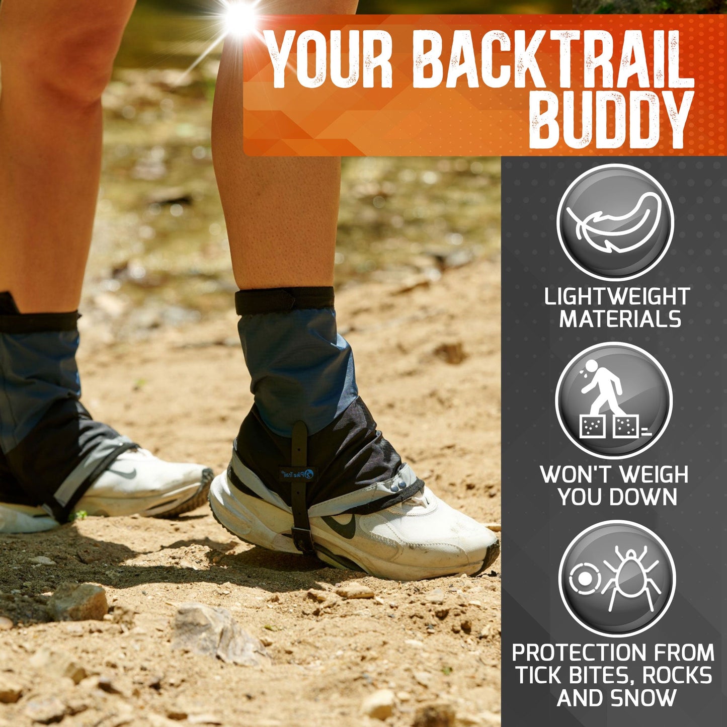 Wearing Pike Trail Mid-Length Gaiters (Small/Medium), a hiker stands on a rocky trail. Your Backtrail Buddy: lightweight by Pike Trail, these gaiters won’t weigh you down and protect from tick bites, rocks, and snow.