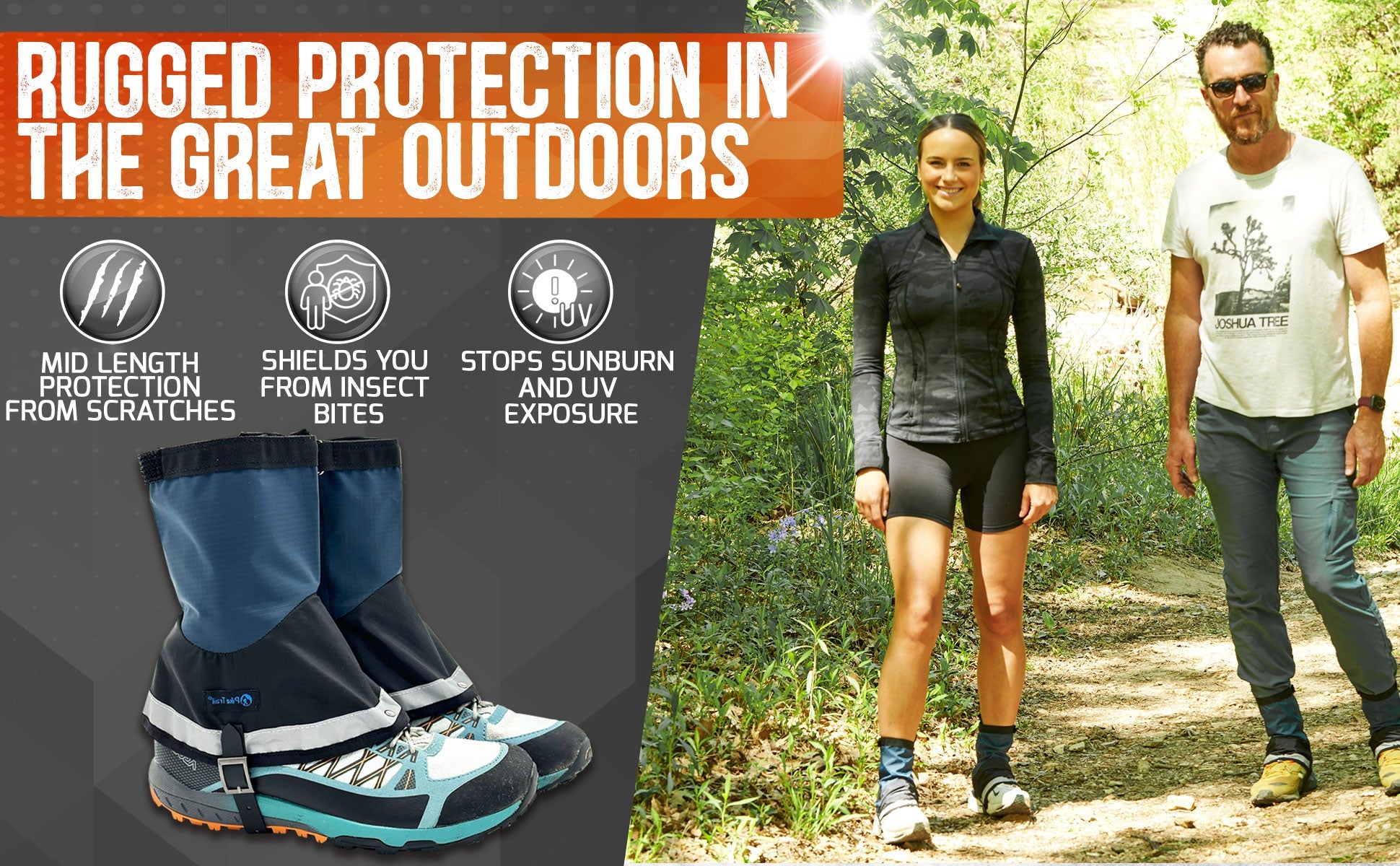 Two hikers in Pike Trail Mid-Length Gaiter – Small/Medium Adjustable Fit stand on a sunlit trail. Graphics highlight mid-length protection, shields from insect bites, and blocks sun/UV. Text: Rugged protection by Pike Trail.