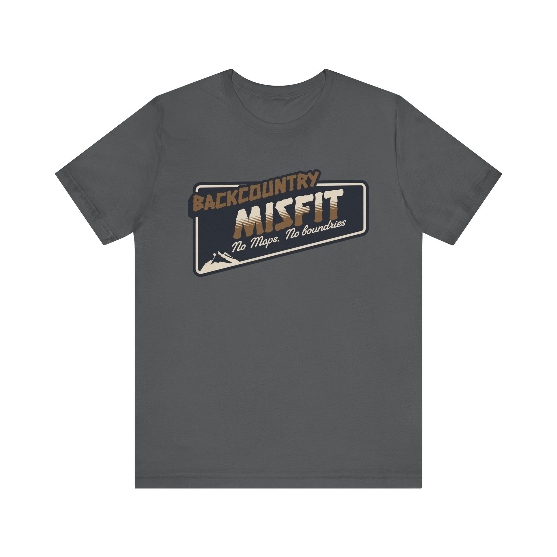 The Printify Backcountry Misfit T-Shirt is a rugged, dark gray hiking tee for trail rebels and off-grid wanderers, featuring Backcountry Misfit and No Maps. No Boundaries graphics with a small mountain illustration.