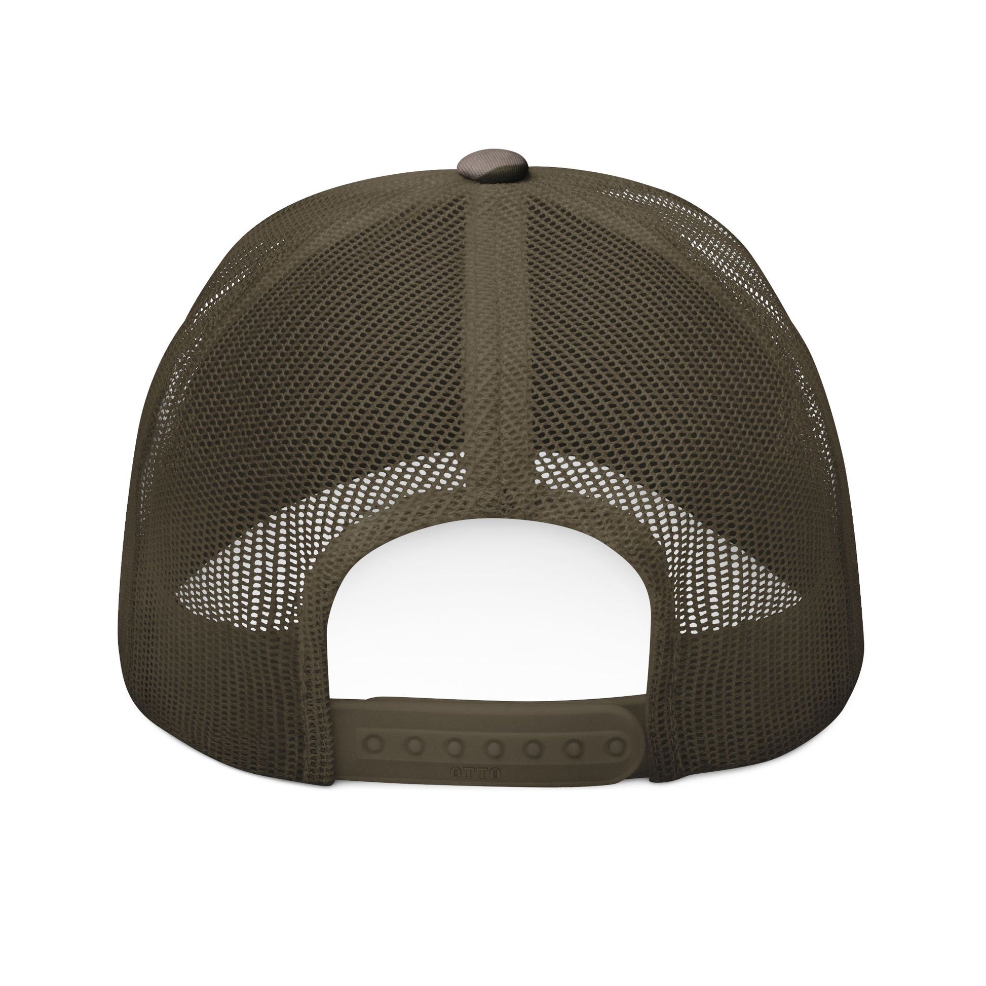 A rear view of the Be Inconvenient Camo Trucker Hat | Rebel Outdoors Snapback by Iron Pines (Printify), featuring an olive green camo design, open back, breathable mesh, and adjustable snapback closure.