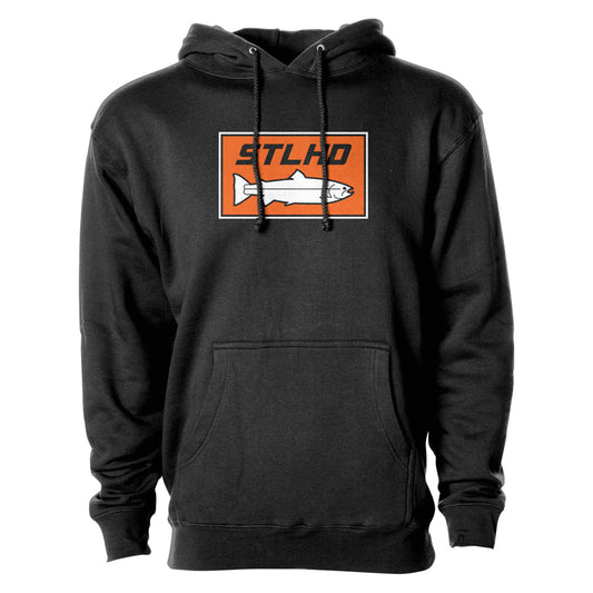 The STLHD Mens Standard Logo Black Premium Hoodie by STLHD GEAR features a front pocket and chest graphic with an orange rectangle, white fish illustration, and bold orange STLHD text—perfect for stylish, comfortable fishing.