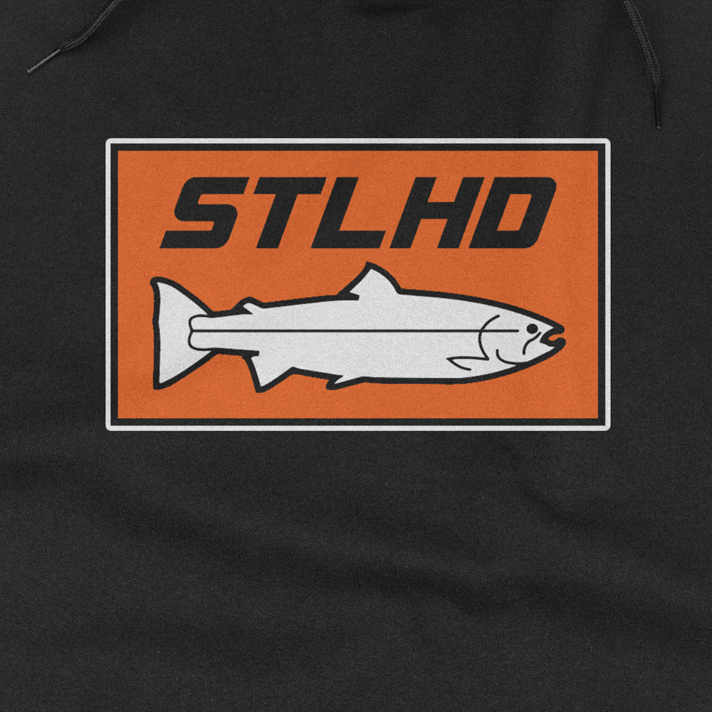 A rectangular orange logo with black STLHD letters above a white-outlined fish on a black background—ideal for the STLHD GEAR Mens Standard Logo Black Premium Hoodie.