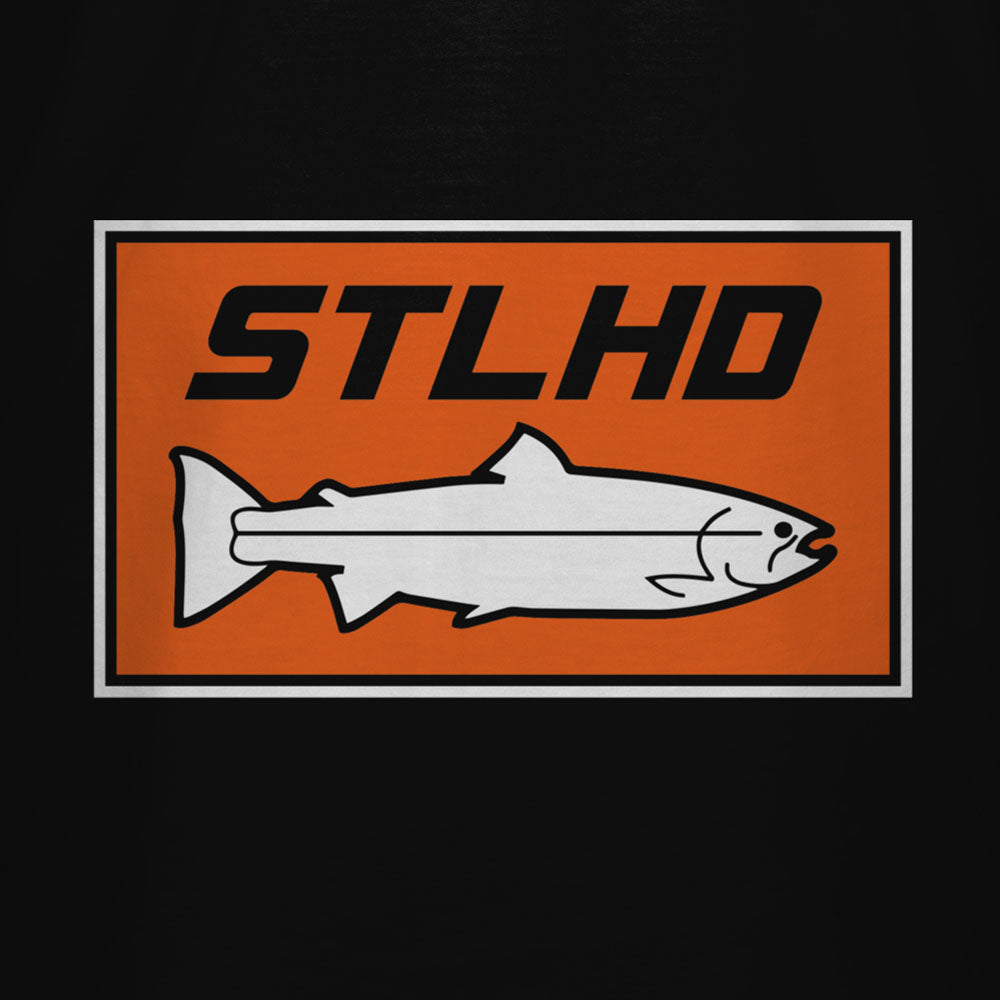 The STLHD GEAR Mens Standard Logo Black T-Shirt features a bold orange and black rectangular logo with STLHD lettering above a white steelhead outline, framed in white and black—ideal for any fan of the brand.