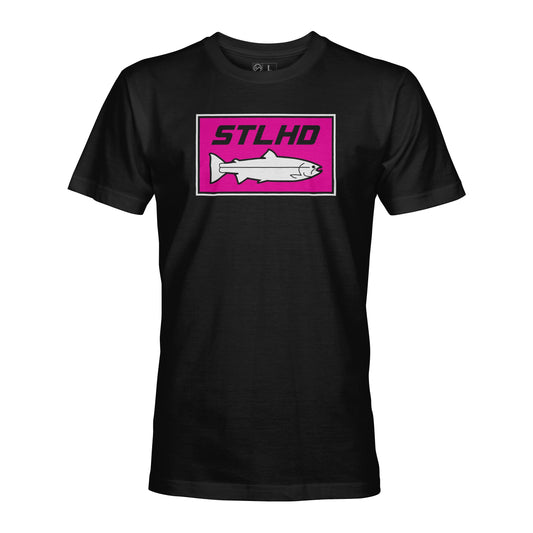 The STLHD Mens Neon Pink Black T-Shirt by STLHD GEAR features a rectangular chest graphic with STLHD above a white fish in a pink border, made from soft Chromelite material and covered by a lifetime warranty.