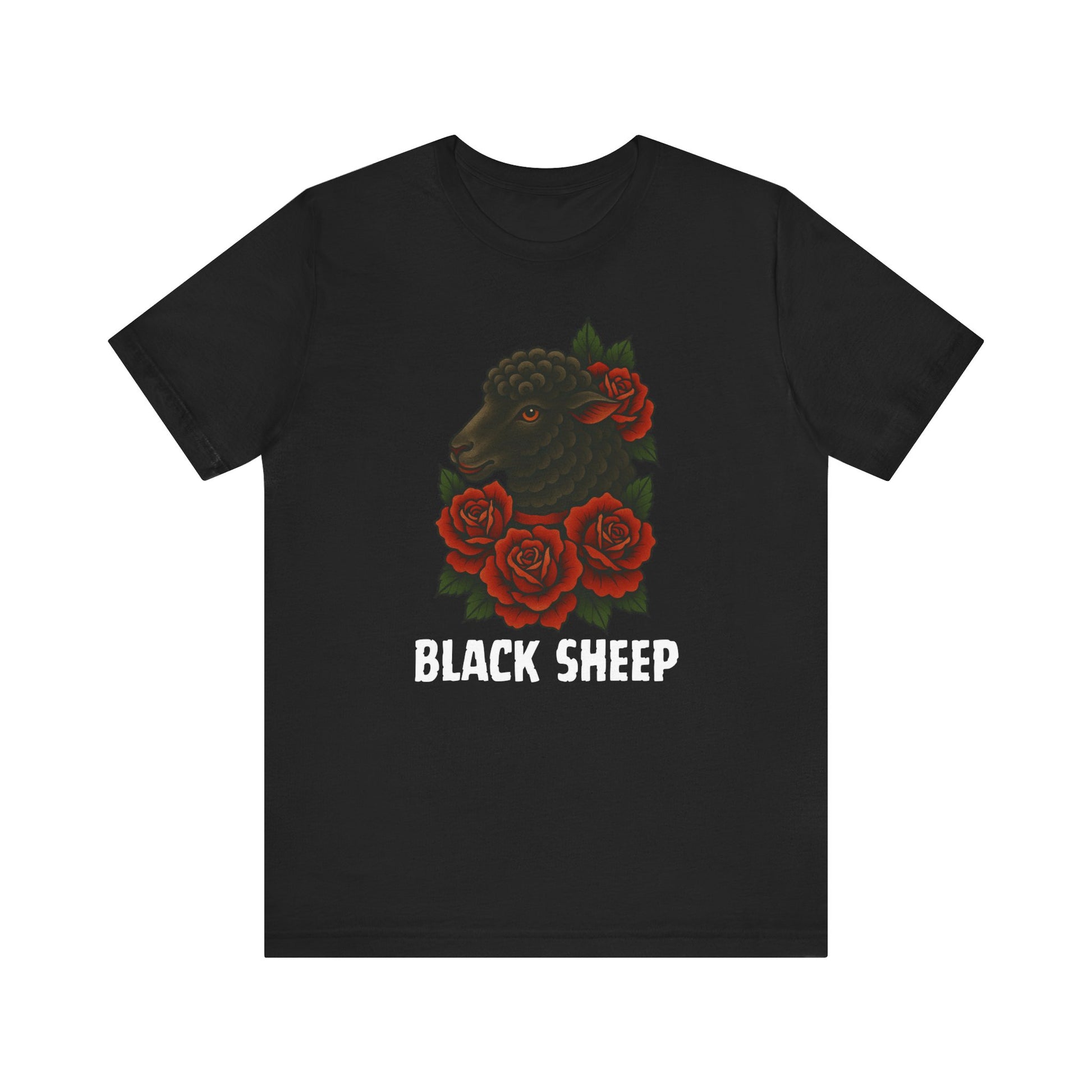 The Black Sheep Tee by Printify showcases a black sheep with red roses and bold “BLACK SHEEP” text, printed on a softstyle shirt for comfort.