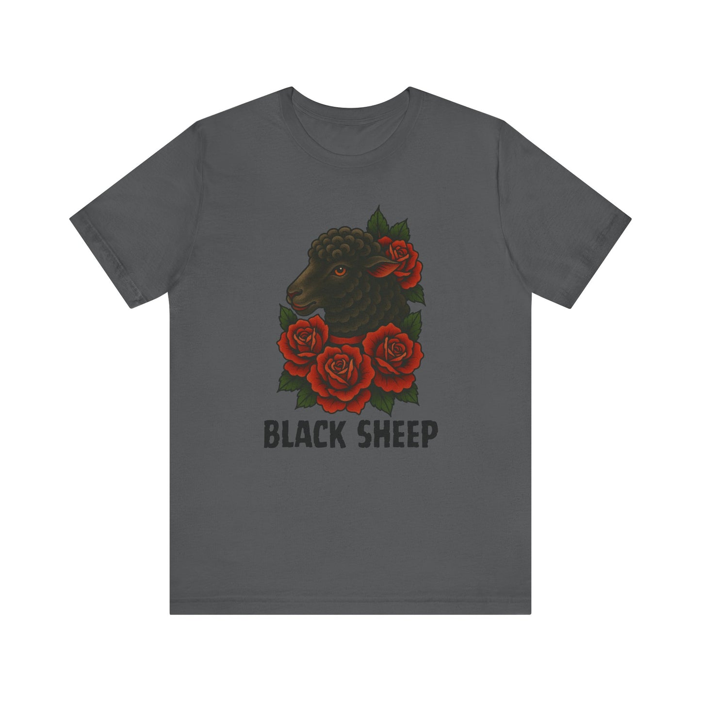 The Printify Black Sheep Tee features a dark gray design with a black sheep’s head surrounded by red roses and the bold “BLACK SHEEP” text below, printed on a softstyle shirt.