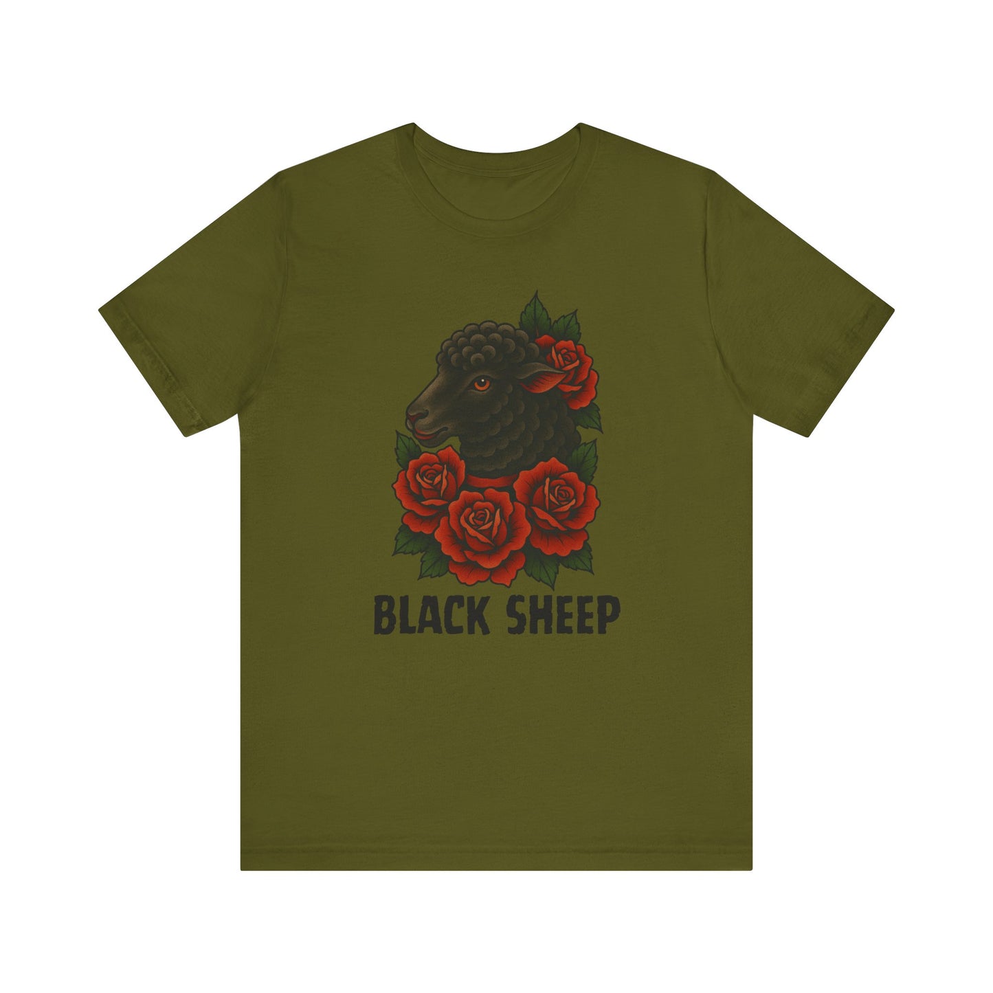 The Printify Black Sheep Tee features a black sheep amid red roses and green leaves with BLACK SHEEP below, printed on a softstyle shirt for ultimate comfort.