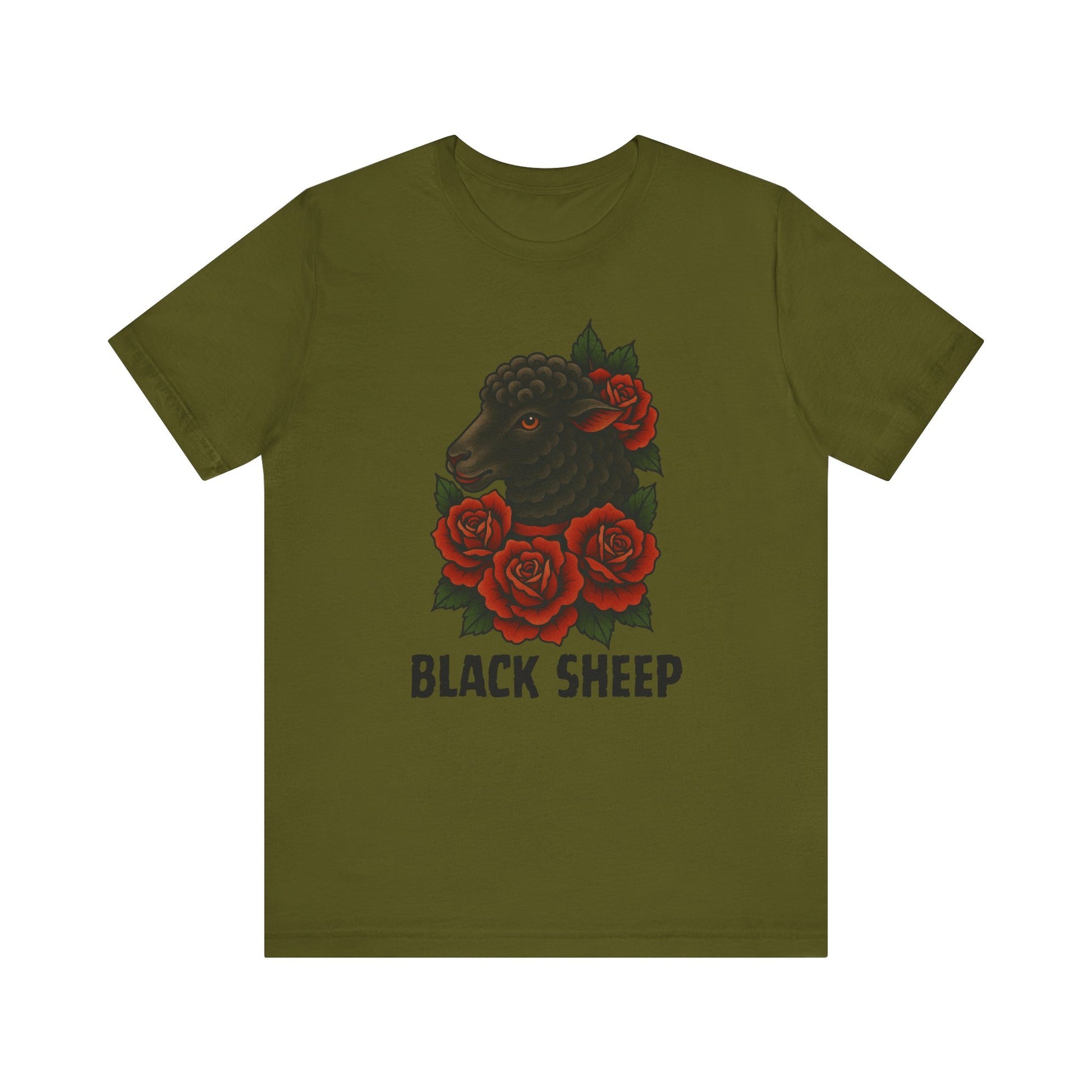 The Printify Black Sheep Tee features a black sheep amid red roses and green leaves with BLACK SHEEP below, printed on a softstyle shirt for ultimate comfort.