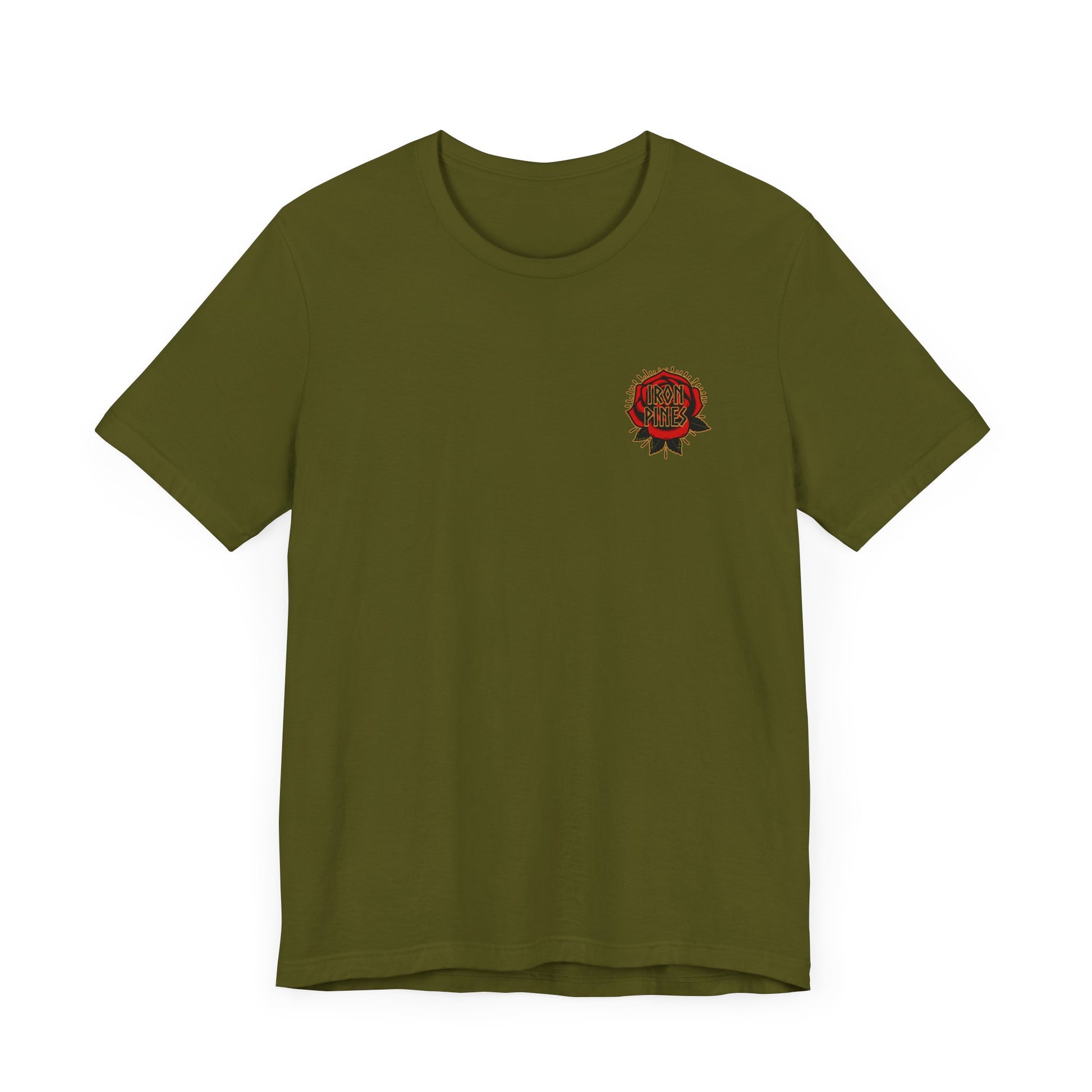 The Never Mistake My Kindness For Weakness Tee by Printify is an olive green unisex graphic t-shirt with a small, circular red and black embroidered Iron Rider patch on the left chest, made from soft Airlume cotton and shown on a white background.