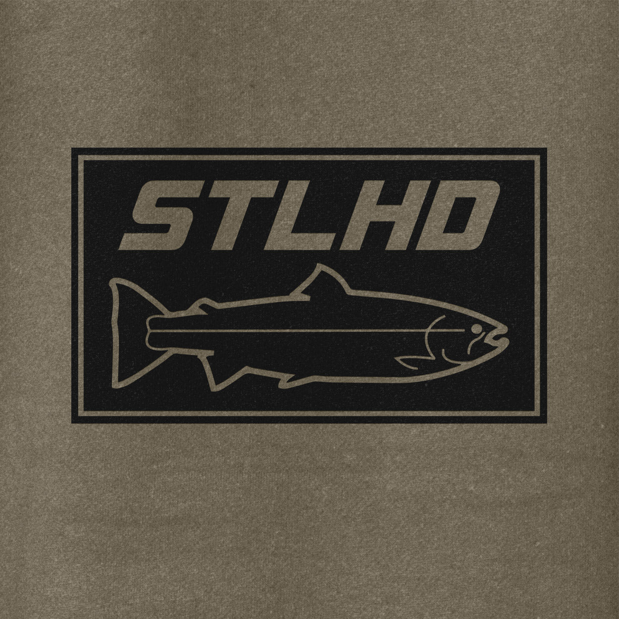 A graphic showcases STLHD above a fish outline, all within a rectangle on a textured, army green background—ideal for the STLHD Mens Tidewater Army Green Premium Hoodie by STLHD GEAR.