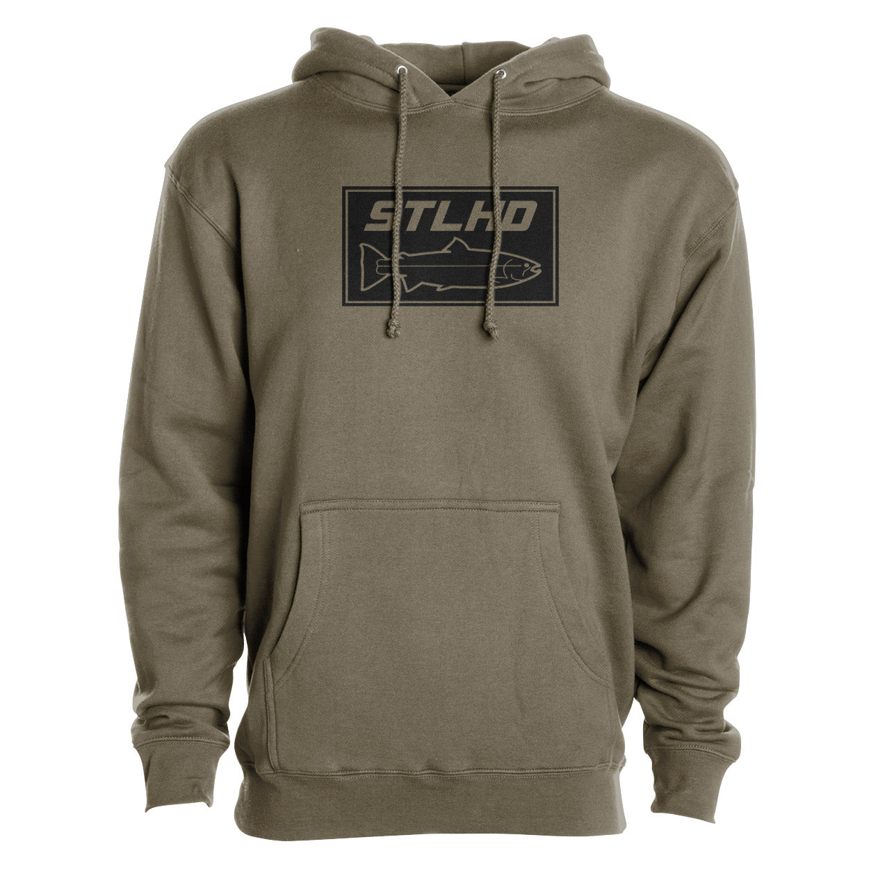 The STLHD Mens Tidewater Army Green Premium Hoodie by STLHD GEAR features fleece lining, a front pocket, and a chest graphic with “STLHD” over a fish outline—combining comfort and style.