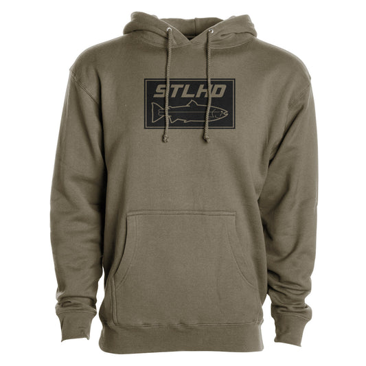 The STLHD Mens Tidewater Army Green Premium Hoodie by STLHD GEAR features fleece lining, a front pocket, and a chest graphic with “STLHD” over a fish outline—combining comfort and style.