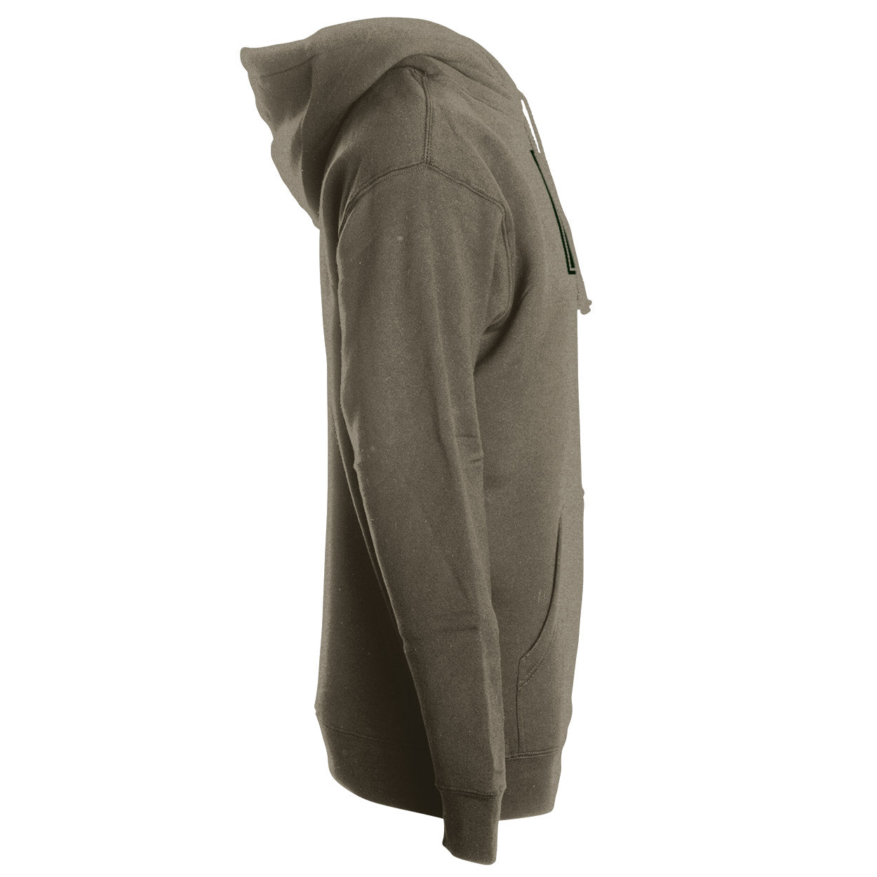 Side view of the STLHD Mens Tidewater Army Green Premium Hoodie by STLHD GEAR, fleece lined with a front pocket and hood, shown on a white background.