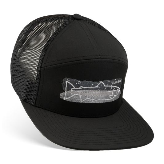 The STLHD Chrome Performance Flat Bill Hat by STLHD GEAR features black mesh, a white embroidered fish, Stay Grind on the front panel, and an adjustable snapback for the perfect fit.