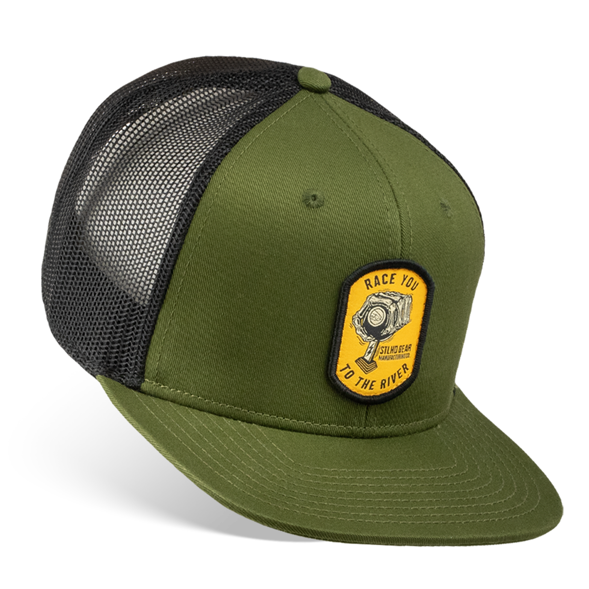 The STLHD Race Ya Flat Bill Trucker Hat by STLHD GEAR is olive green and black with a breathable mesh back, yellow patch with bike crank, “RACE YOU TO THE RIVER” text, and an adjustable snapback for the perfect fit.