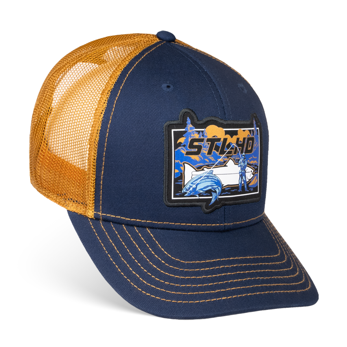 The STLHD Let’er Rip Trucker Hat by STLHD GEAR features a blue and yellow design with a yellow mesh back, adjustable snapback, and a front patch showing a wave, mountains, and bold STIHL lettering—ideal for outdoor adventures.