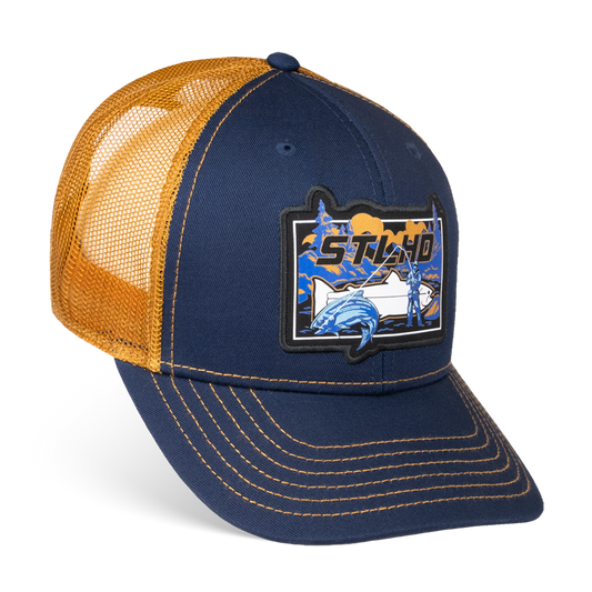 The STLHD Let’er Rip Trucker Hat by STLHD GEAR features a blue and yellow design with a yellow mesh back, adjustable snapback, and a front patch showing a wave, mountains, and bold STIHL lettering—ideal for outdoor adventures.