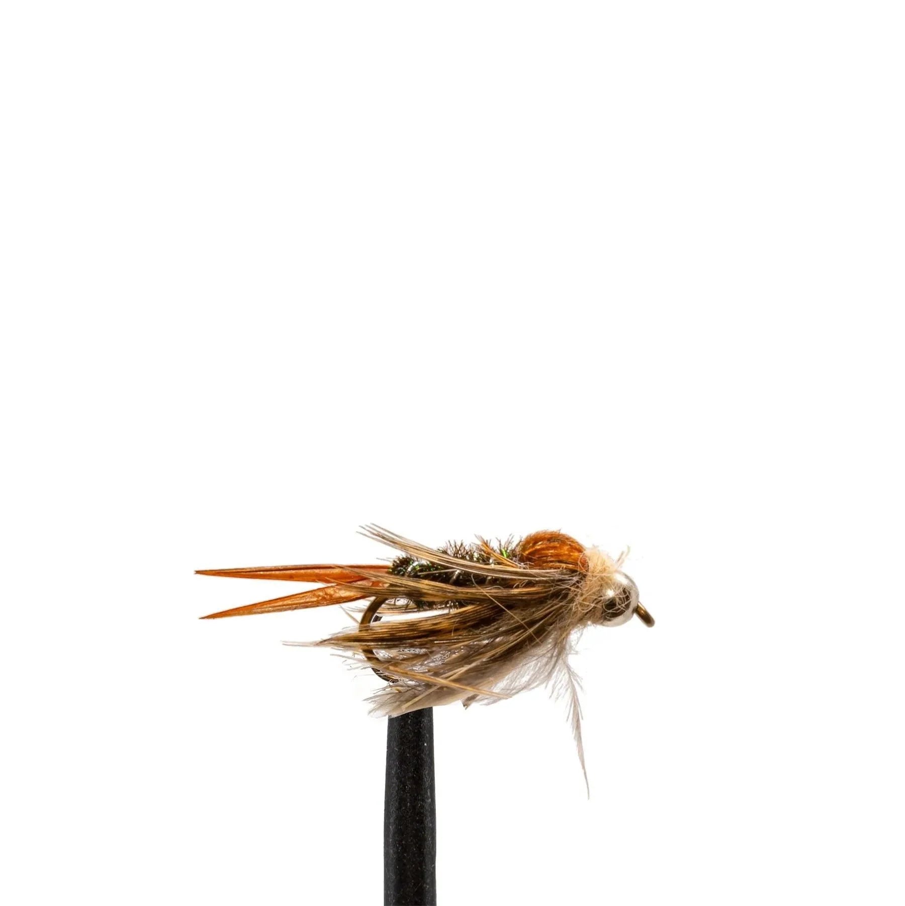 A close-up of a Jackson Hole Fly Company JHFLYCO Steelhead Fly Box – 24-Piece Spey Fishing Fly Collection lure, featuring brown and tan feathers and thread, shown on a black stand against a white background.