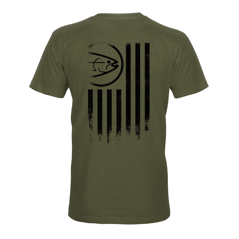 The STLHD Mens United T-Shirt in Military Green by STLHD GEAR features a black basketball and five vertical stripes on the back, resembling an abstract American flag. Made from soft, durable Chromelite material for all-day comfort.