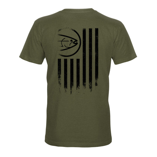 The STLHD Mens United T-Shirt in Military Green by STLHD GEAR features a black basketball and five vertical stripes on the back, resembling an abstract American flag. Made from soft, durable Chromelite material for all-day comfort.