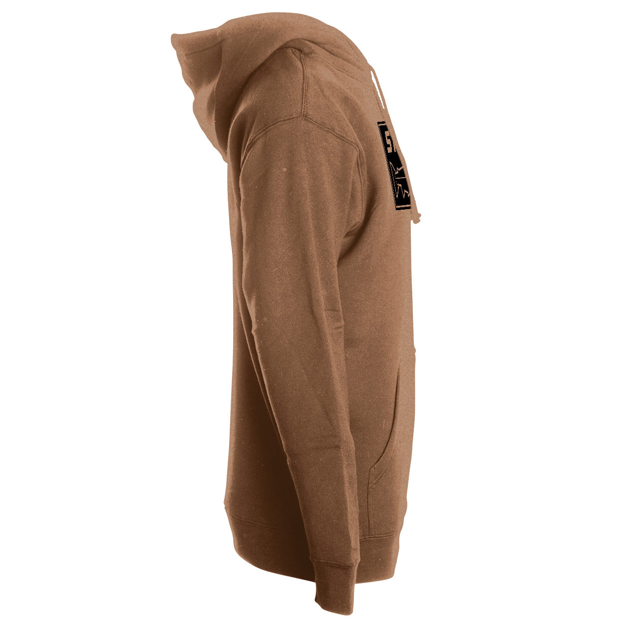 Side view of the STLHD Mens Yuba River Saddle Brown Premium Hoodie by STLHD GEAR, featuring a soft fleece-lined interior, front pocket, and small black neck tag. Shown in brown on a white background.