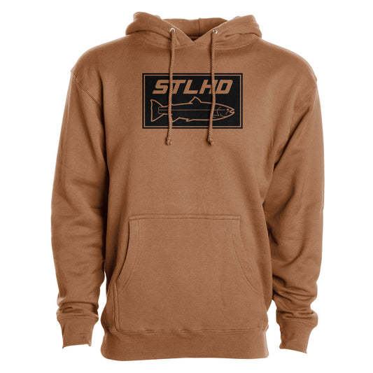 The STLHD Mens Yuba River Saddle Brown Premium Hoodie by STLHD GEAR features a black rectangle logo with STLHD above a fish on the chest, ultra-soft fleece lining, front pocket, and drawstrings for comfort and warmth.