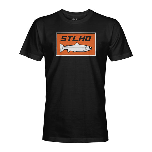 The STLHD GEAR Mens Standard Logo Black T-Shirt features a rectangular orange, white, and black logo with the text STLHD above a simple steelhead fish illustration.