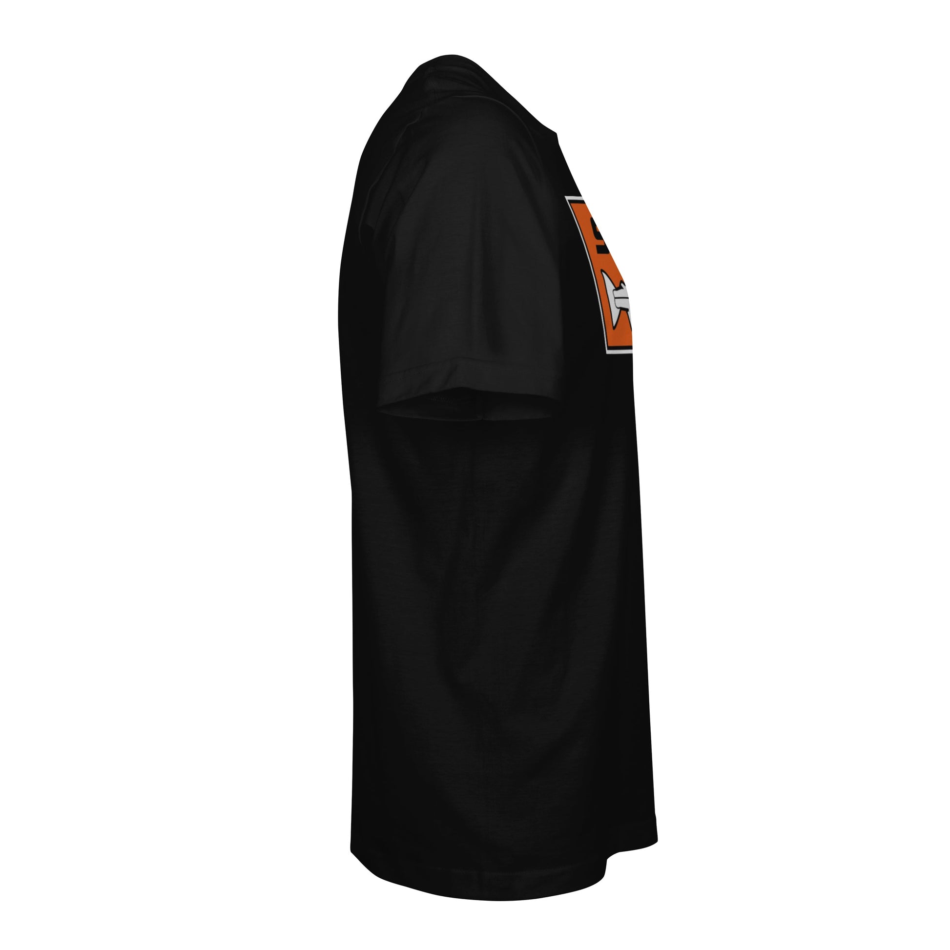 The STLHD GEAR Mens Standard Logo Black T-Shirt is shown unworn from the left side against a white background, featuring part of an orange and white steelhead graphic on the front. Made from CHROMELITE material.