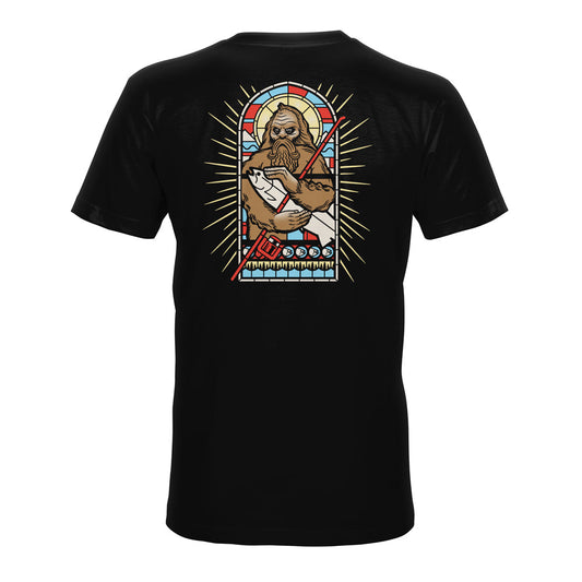 The STLHD Mens Saint Sasquatch Black T-Shirt by STLHD GEAR features a graphic of a man holding a spear and is crafted with Chromelite material for breathable comfort.