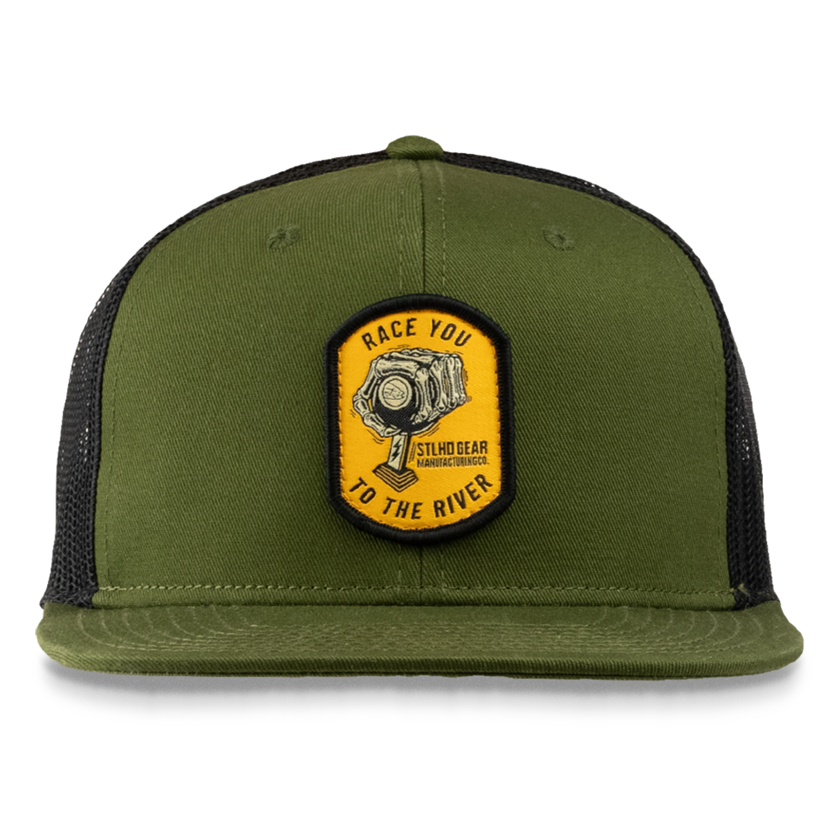 The STLHD GEAR Race Ya Flat Bill Trucker Hat features olive green and black colors, a yellow Race You to the River patch with a fishing reel design, breathable mesh back, and an adjustable snapback for comfort.