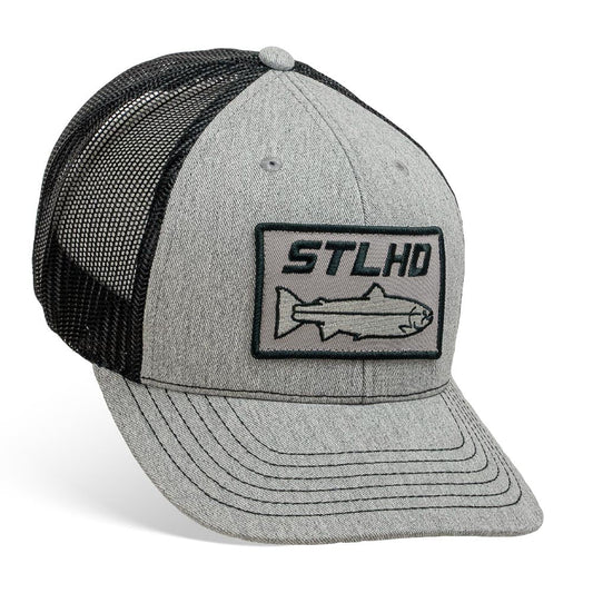 The STLHD GEAR Chrome Edition Heather Grey/Black Trucker Snapback Hat features a black mesh back, STLHD fish outline patch, and an adjustable closure for the perfect fit.