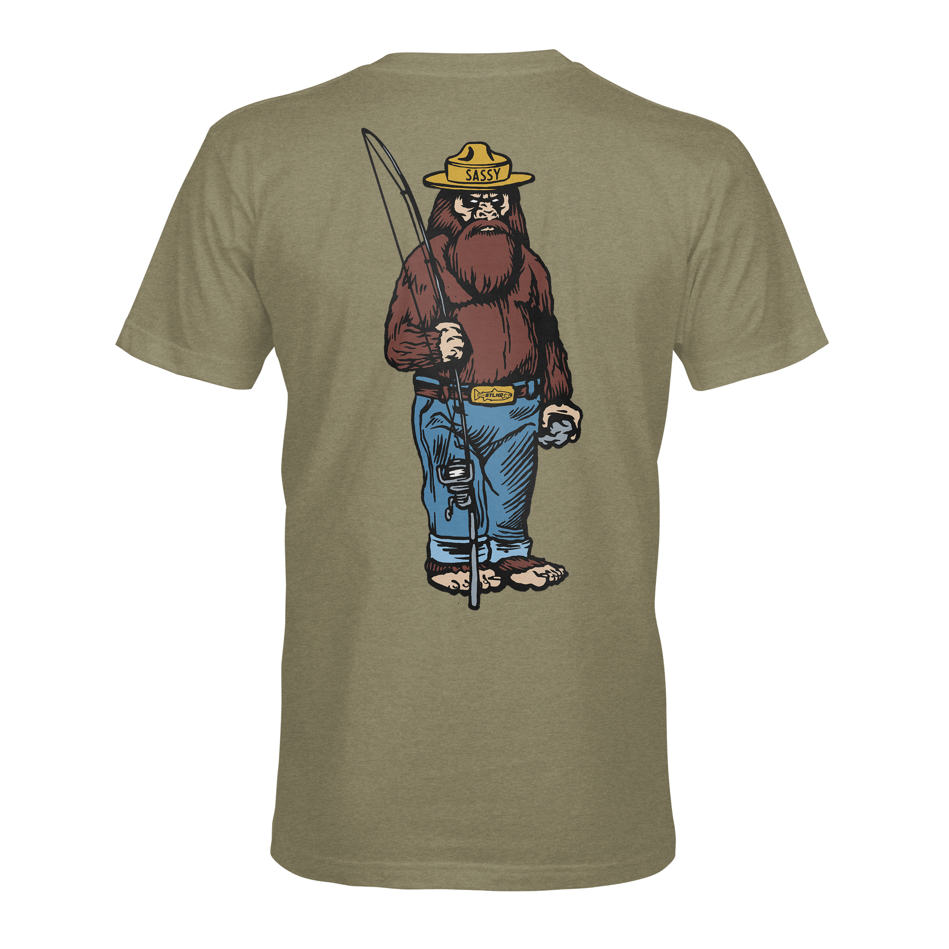 The STLHD Men’s Danger Ranger T-Shirt by STLHD GEAR features a cartoon Sasquatch in a yellow ranger hat and blue jeans with a fishing pole and tackle box, illustrated on the back of this olive green adventure shirt.