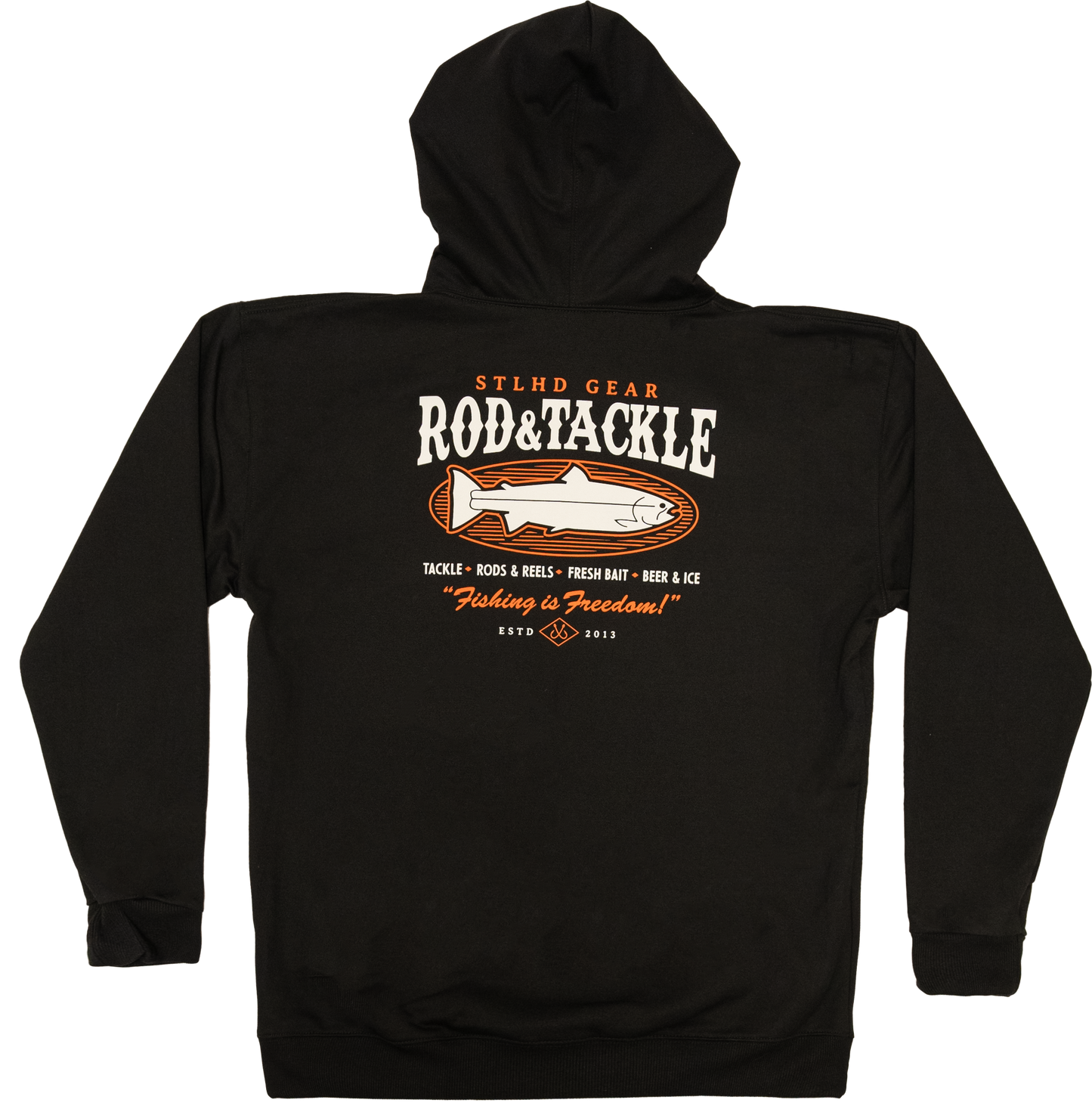 Black hoodie with STLHD Gear 'Rod & Tackle' logo on the back against a white background